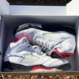 Air Jordan 5 Retro (GS) Kids Sneakers White and Black with Red Accents